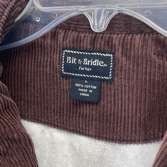 Bit & Bridle Womens L Chore Barn Jacket Brown Horse AOP Corduroy Trim Equestrian - Picture 3 of 16